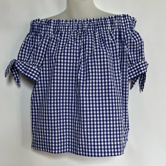 J. Crew Off the Shoulder Gingham Blue White Top Blouse Size 6 - Picture 3 of 15